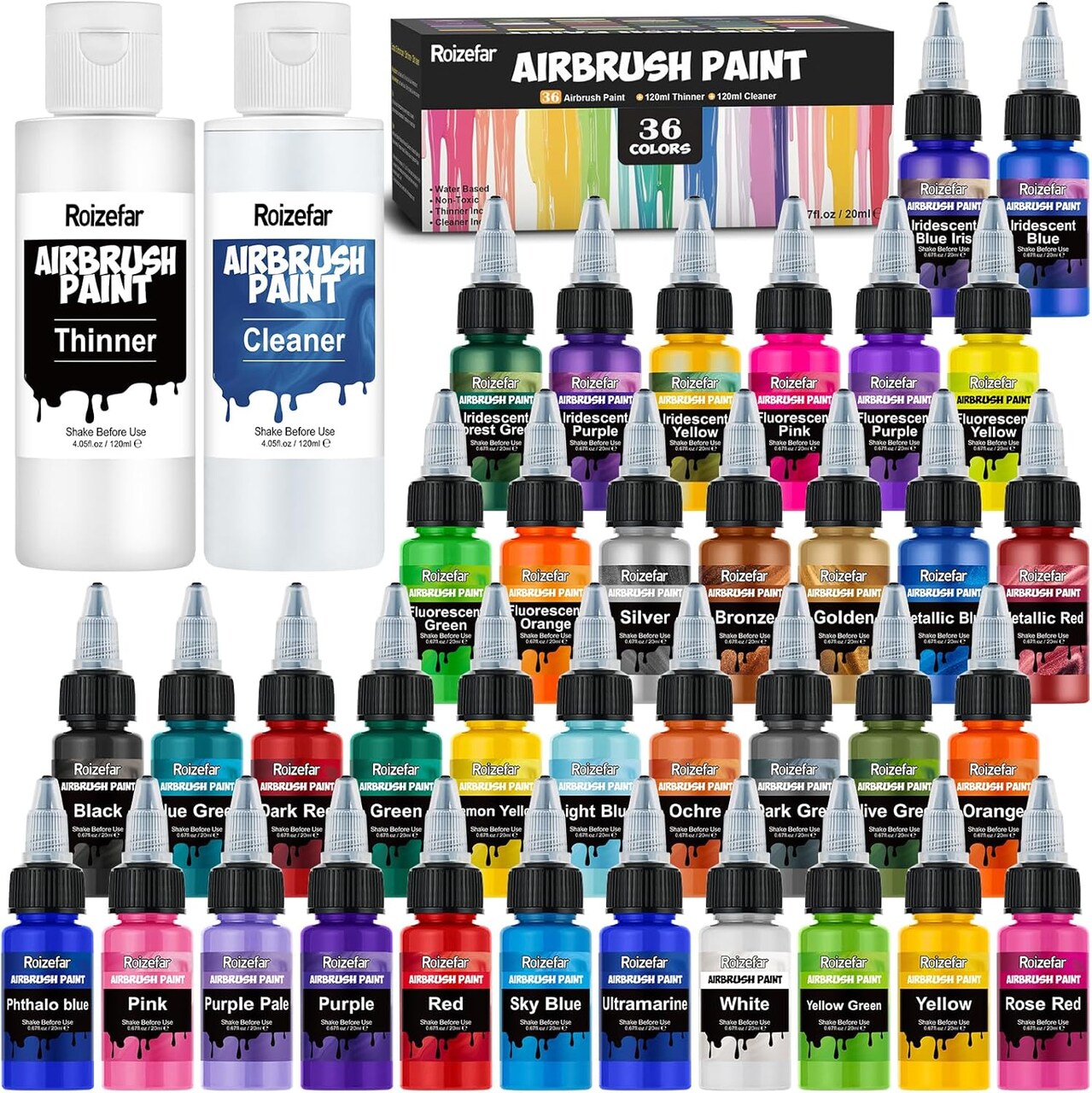 Airbrush Paint Set - 36 Colors with 4.05 Fl Oz Thinner & 4.05 Fl Oz Cleaner